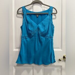 ANN TAYLOR Blue V Neck 100% SILK Tank Lace Side Zipper Lined SIZE 8 Pre Loved